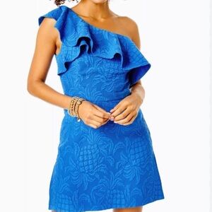 LILLY PULITZER Kipton One-Shoulder
Romper with Blue Tang Pineapple Design